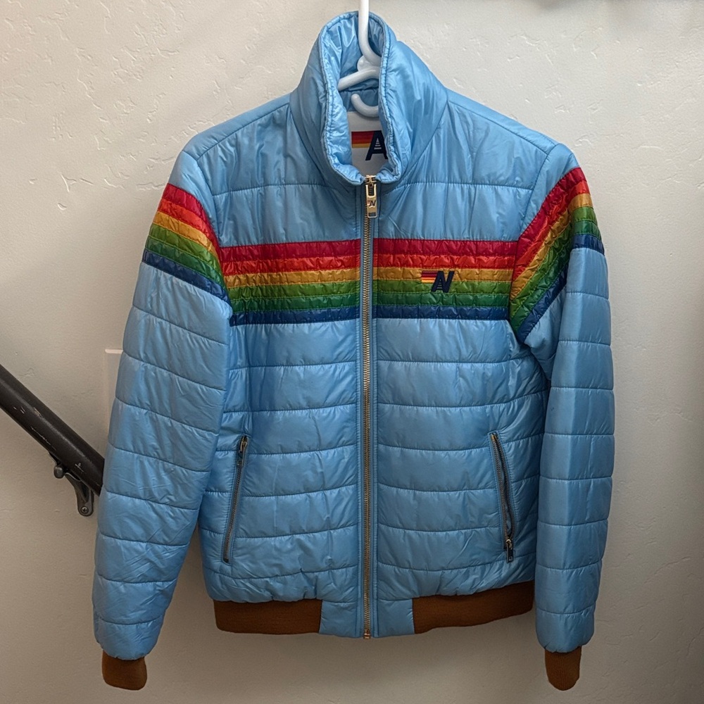 Aviator Nation Light Blue Puffer with Rainbow Stripes